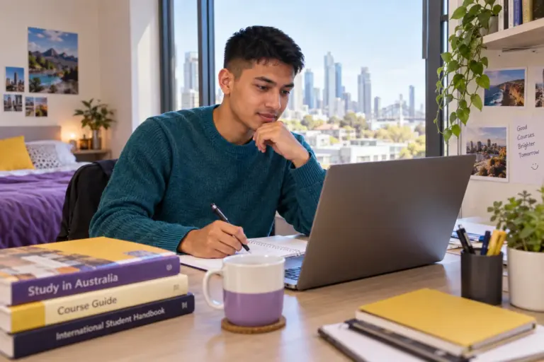 Young Nepali man with cropped hair comparing Australian university courses and intake options using a laptop and notebook