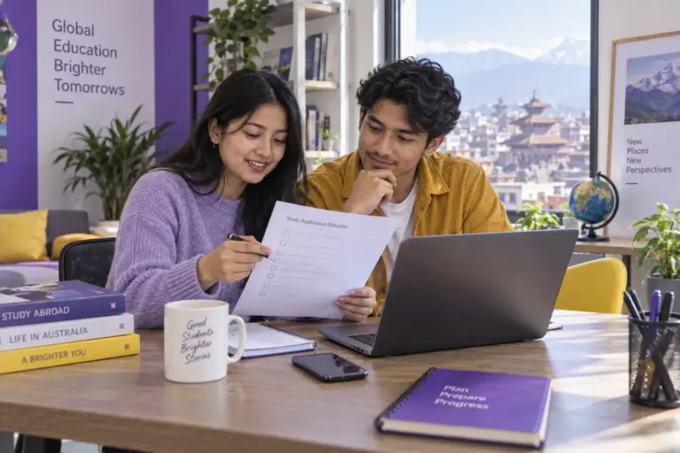 Two Nepali students, one woman and one man reviewing an unbranded study application document checklist with a laptop