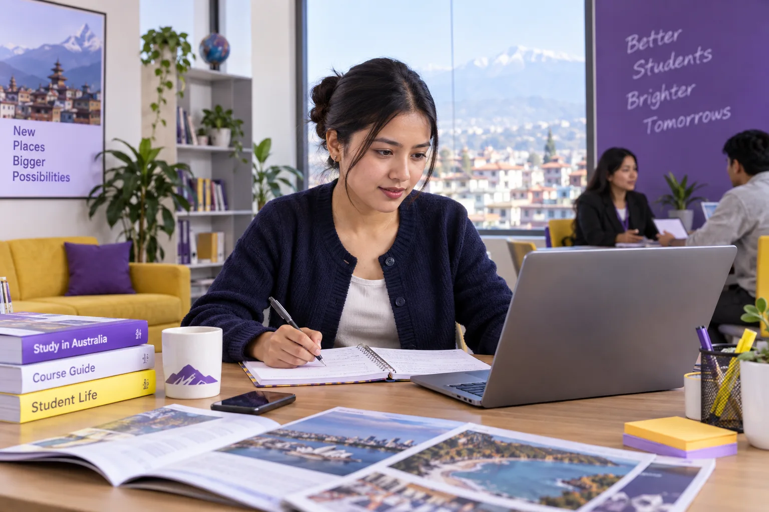 Young Nepali woman with tied-back hair comparing Australian university courses and intake options using a laptop and notebook