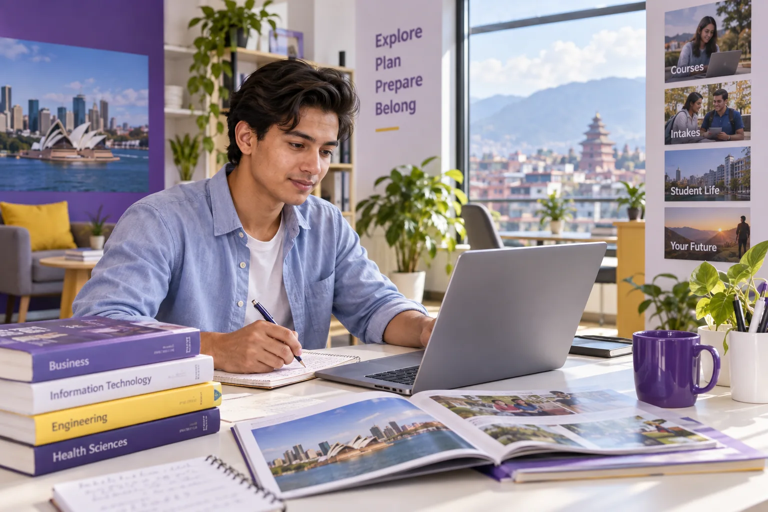 Young Nepali man with swept-back hair comparing Australian university courses and intake options using a laptop and notebook