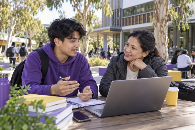 Nepali student discussing plans with a parent planning student accommodation and everyday campus life with a notebook and laptop in a welcoming Australian study setting