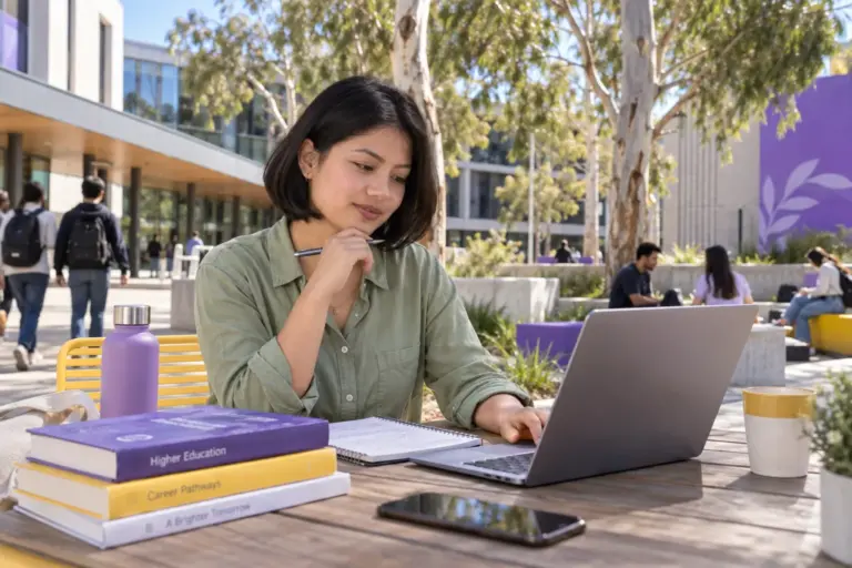 Young Nepali woman with a short bob comparing Australian university courses and intake options using a laptop and notebook