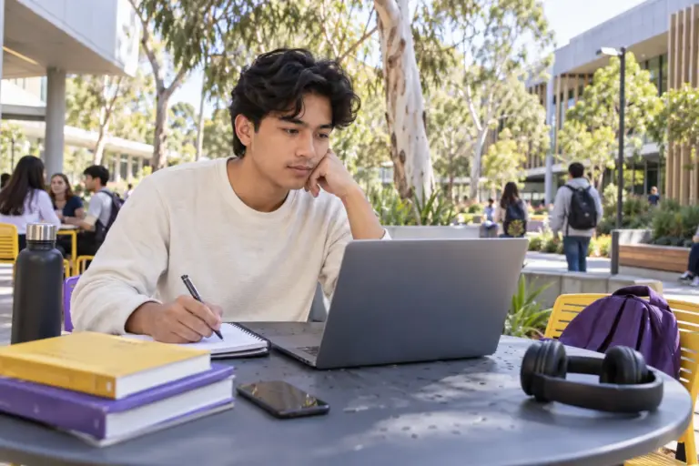Young Nepali man with wavy hair comparing Australian university courses and intake options using a laptop and notebook