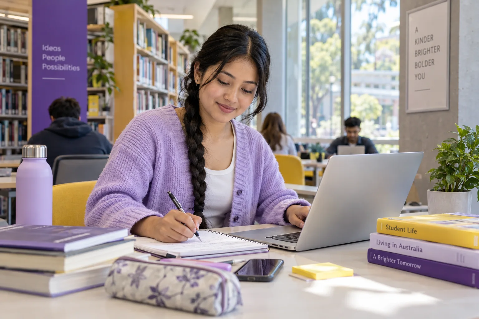 Young Nepali woman with a long braid planning student accommodation and everyday campus life with a notebook and laptop in a welcoming Australian study setting