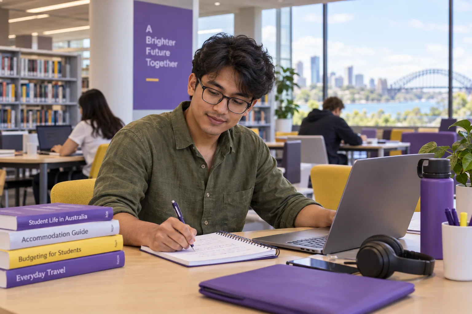Young Nepali man with glasses planning student accommodation and everyday campus life with a notebook and laptop in a welcoming Australian study setting