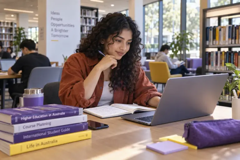 Young Nepali woman with curly hair comparing Australian university courses and intake options using a laptop and notebook
