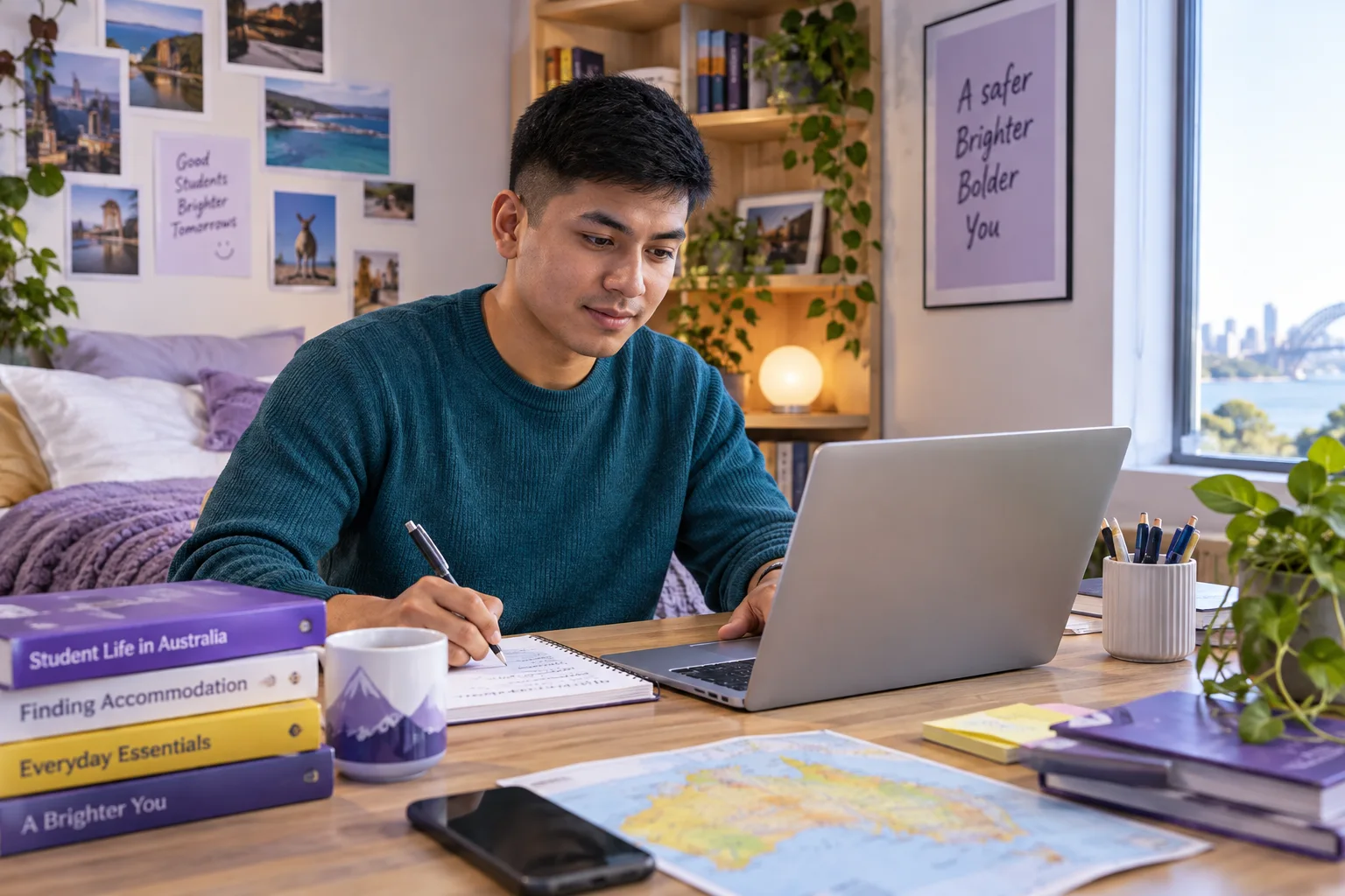 Young Nepali man with cropped hair planning student accommodation and everyday campus life with a notebook and laptop in a welcoming Australian study setting