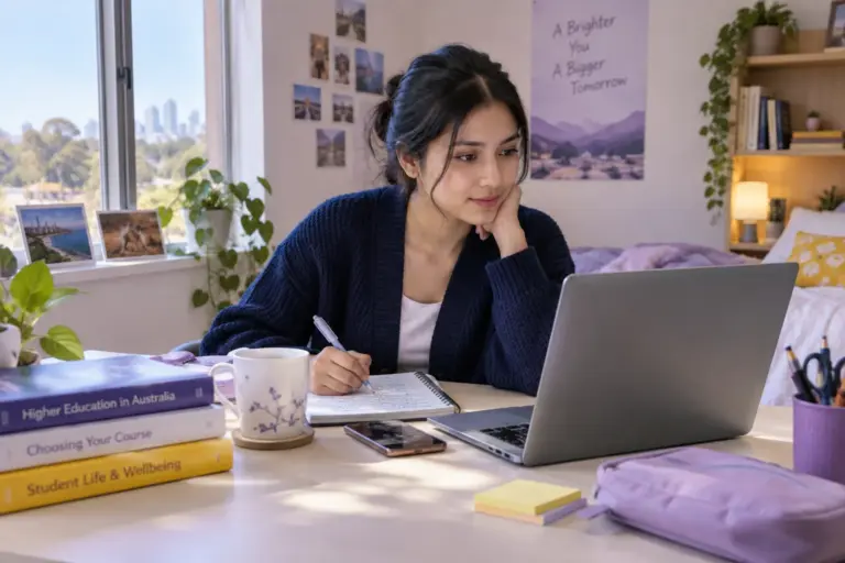 Young Nepali woman with tied-back hair comparing Australian university courses and intake options using a laptop and notebook