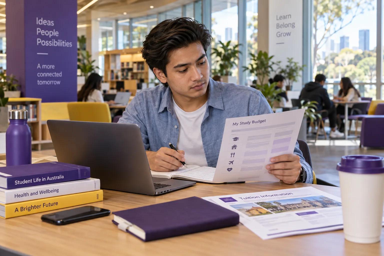 Young Nepali man with swept-back hair comparing a personal study budget worksheet and university tuition information on a laptop