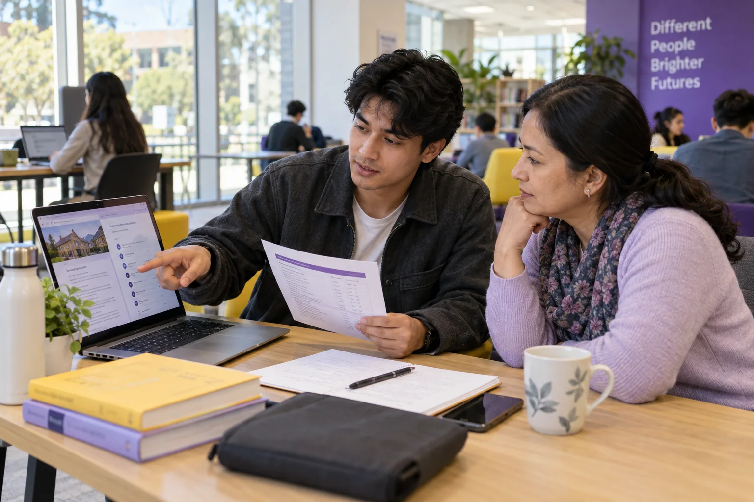 Nepali student discussing plans with a parent comparing a personal study budget worksheet and university tuition information on a laptop