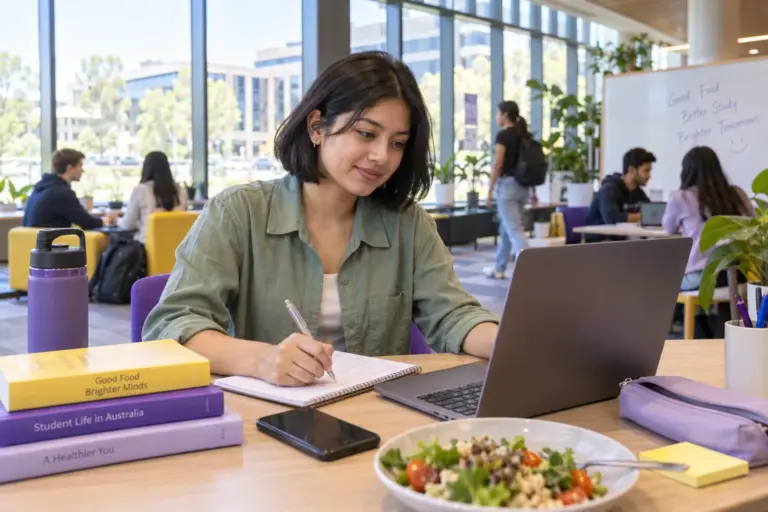 Young Nepali woman with a short bob planning student accommodation and everyday campus life with a notebook and laptop in a welcoming Australian study setting