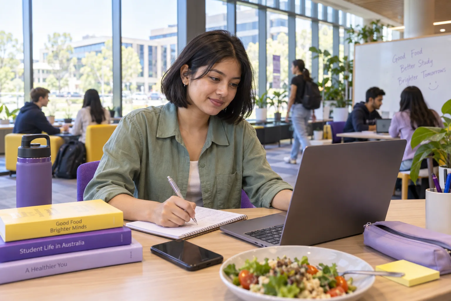 Young Nepali woman with a short bob planning student accommodation and everyday campus life with a notebook and laptop in a welcoming Australian study setting
