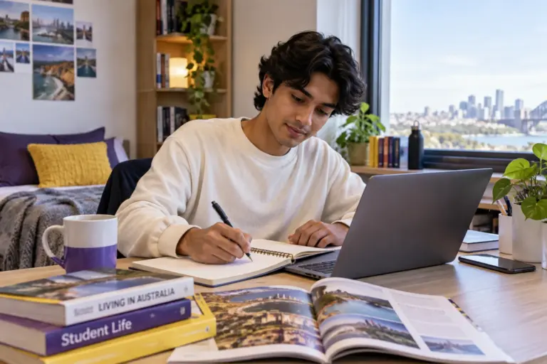 Young Nepali man with wavy hair planning student accommodation and everyday campus life with a notebook and laptop in a welcoming Australian study setting