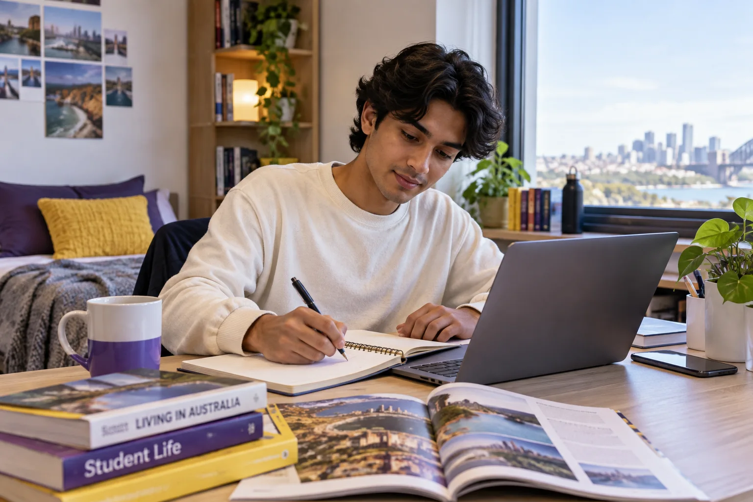 Young Nepali man with wavy hair planning student accommodation and everyday campus life with a notebook and laptop in a welcoming Australian study setting