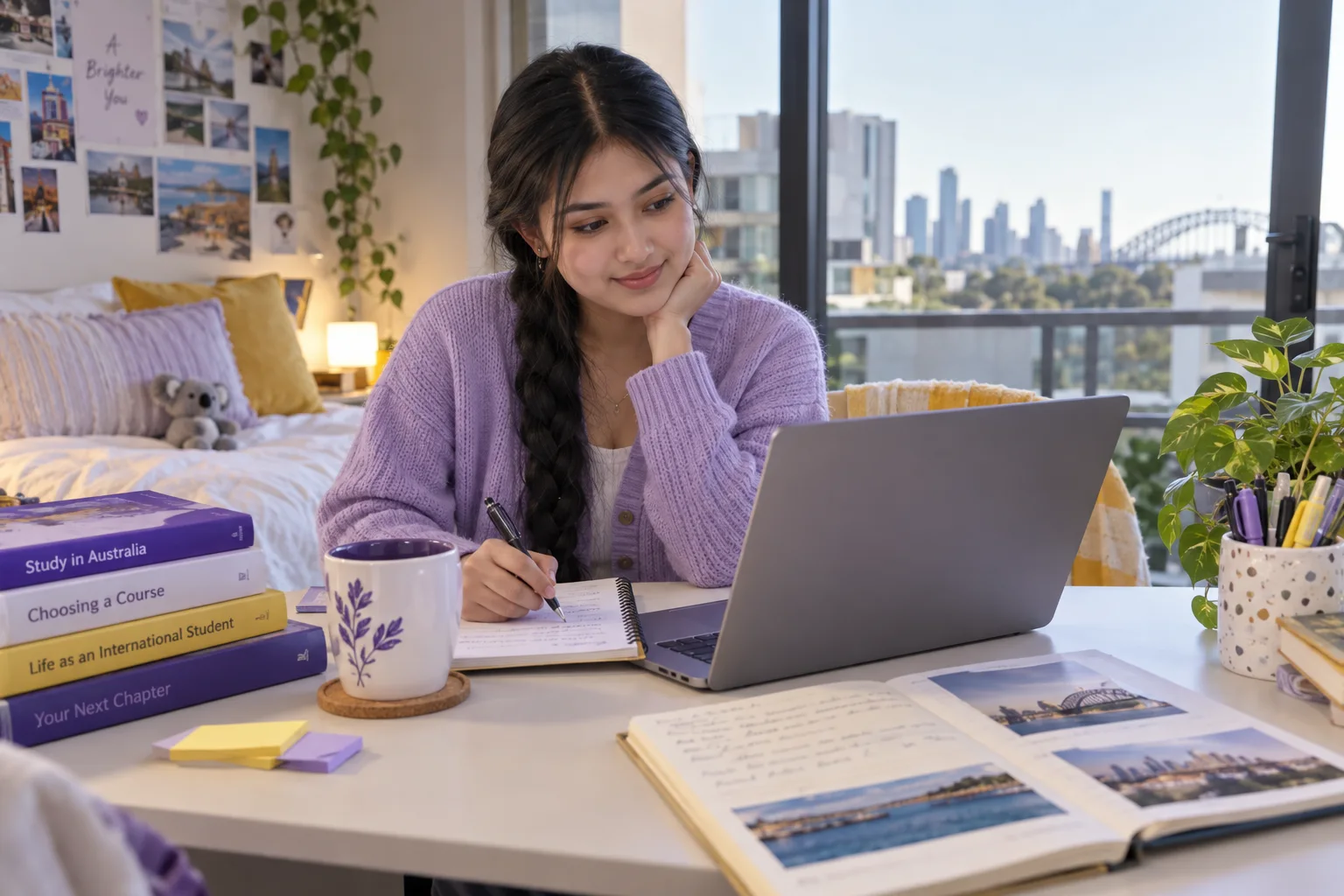 Young Nepali woman with a long braid comparing Australian university courses and intake options using a laptop and notebook