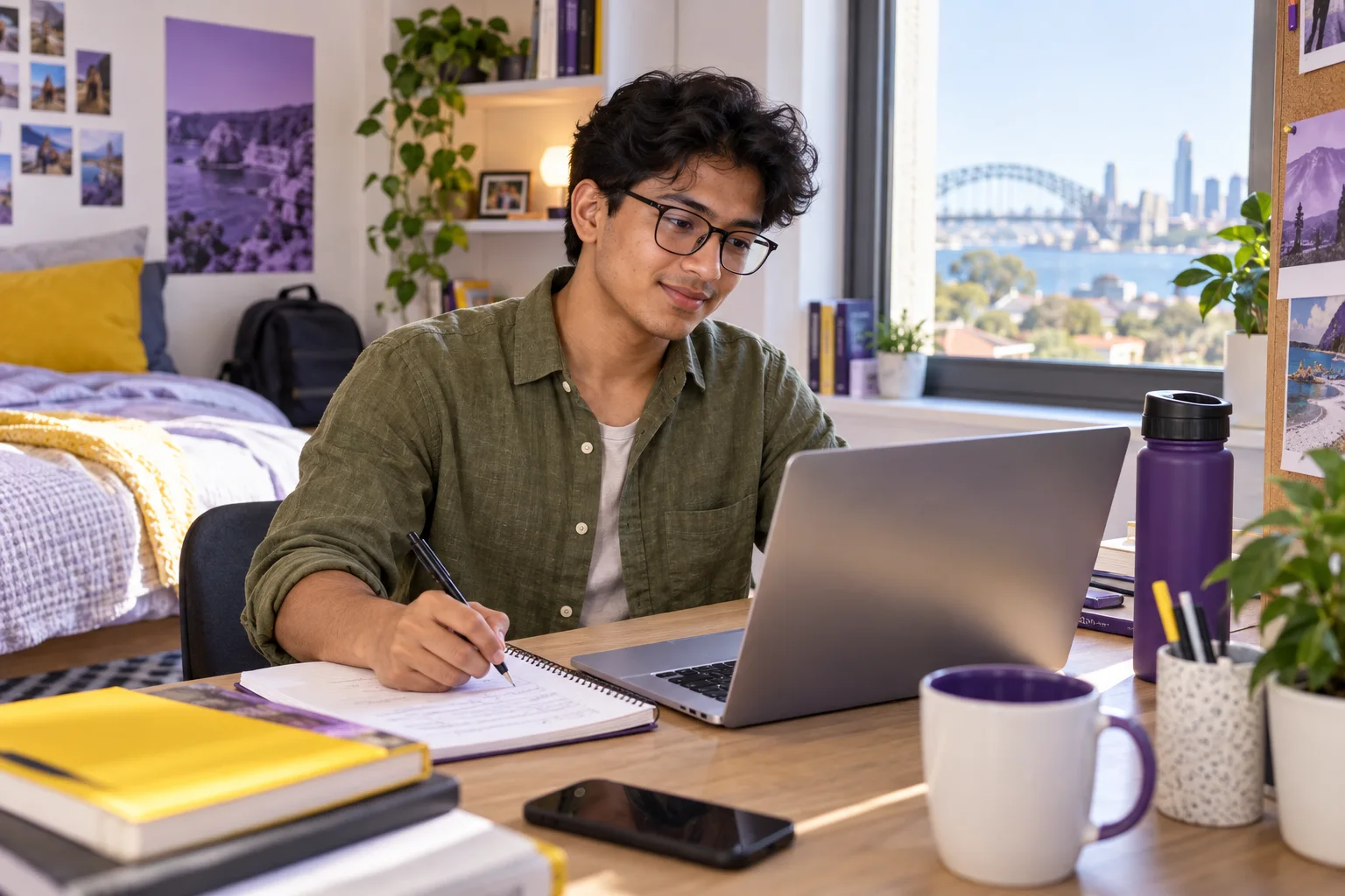 Young Nepali man with glasses planning student accommodation and everyday campus life with a notebook and laptop in a welcoming Australian study setting