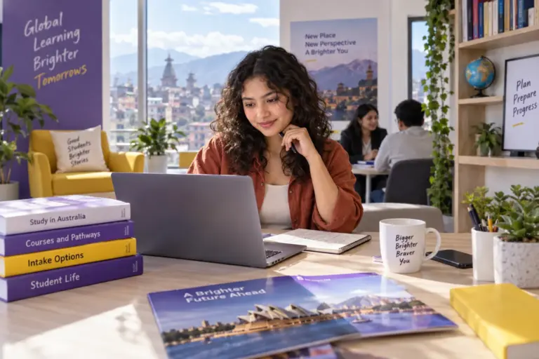 Young Nepali woman with curly hair comparing Australian university courses and intake options using a laptop and notebook
