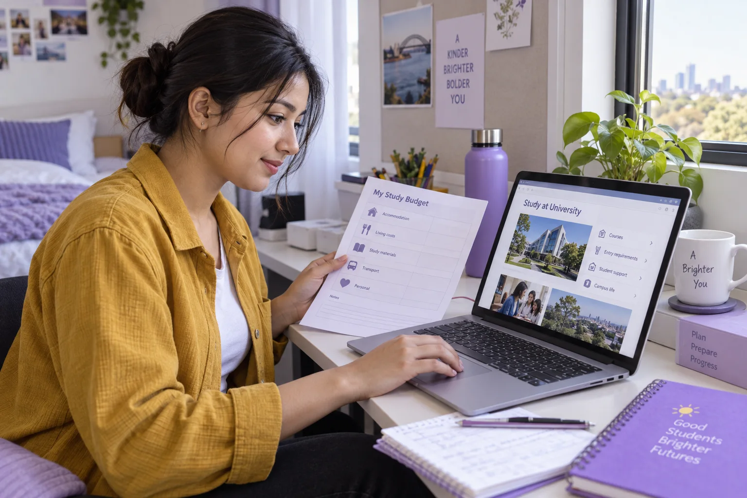Nepali student comparing a personal study budget worksheet and university tuition information on a laptop