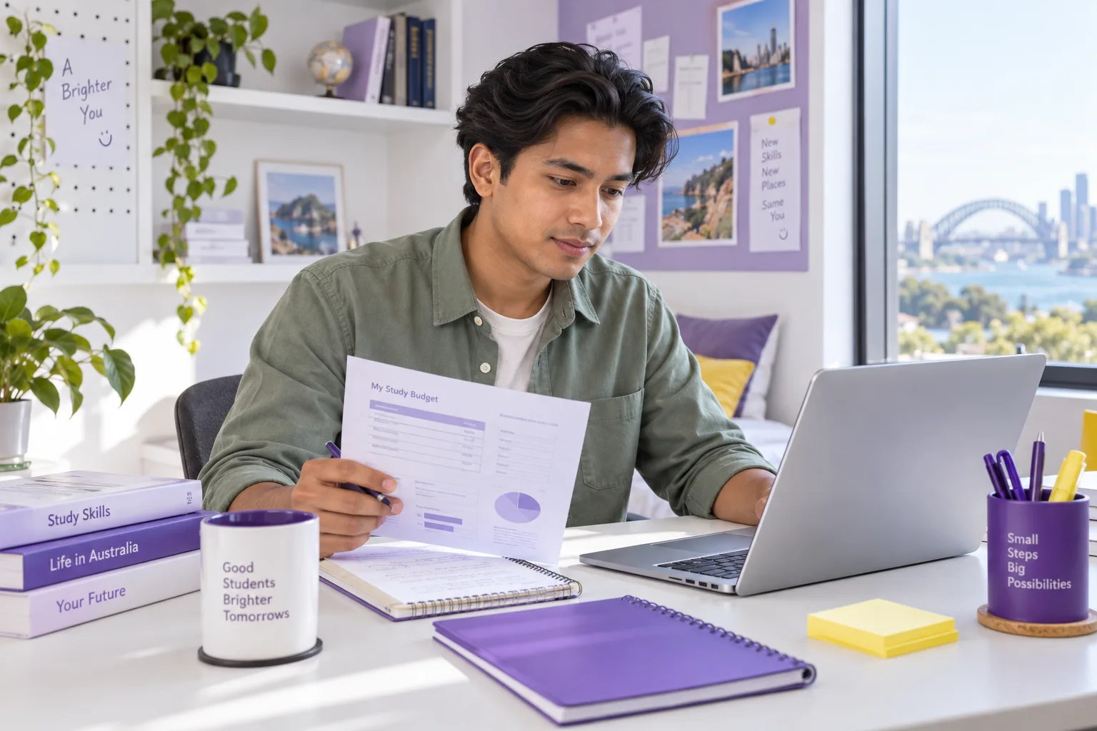 Nepali student comparing a personal study budget worksheet and university tuition information on a laptop