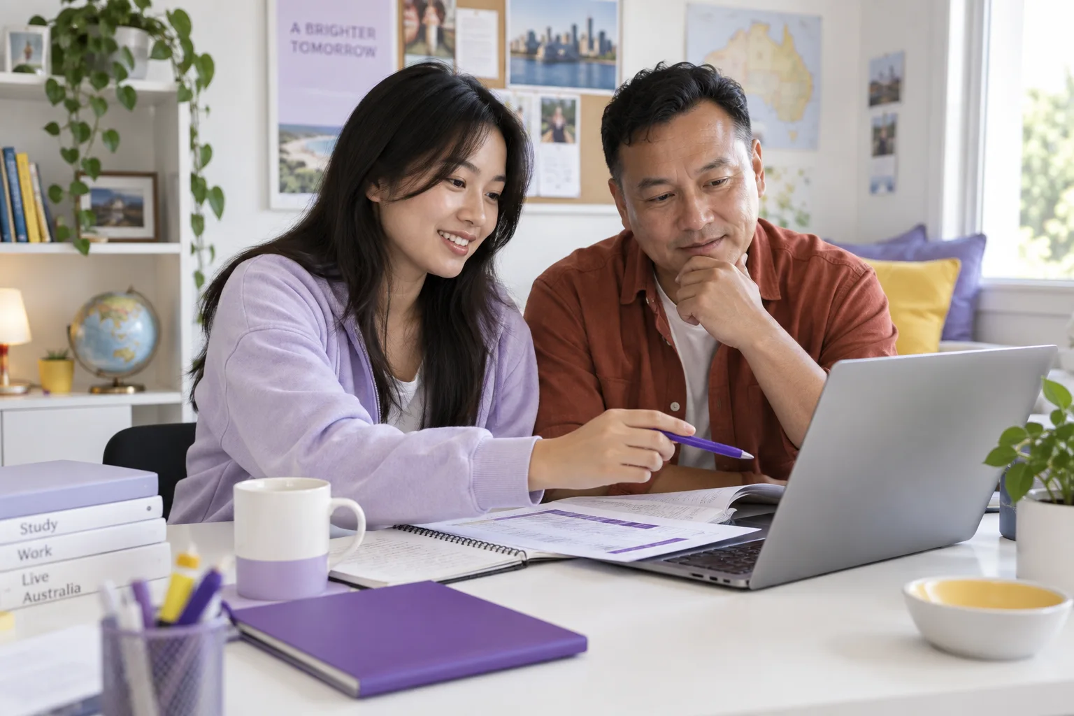 Nepali student comparing a personal study budget worksheet and university tuition information on a laptop
