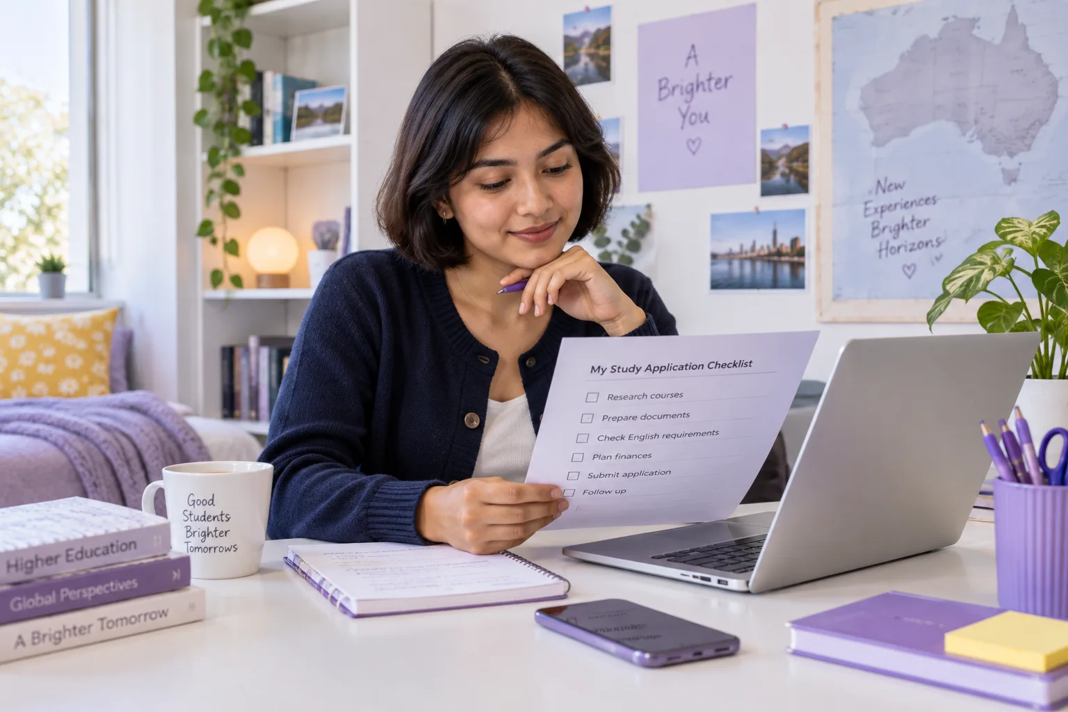 Nepali student reviewing an unbranded study application document checklist with a laptop