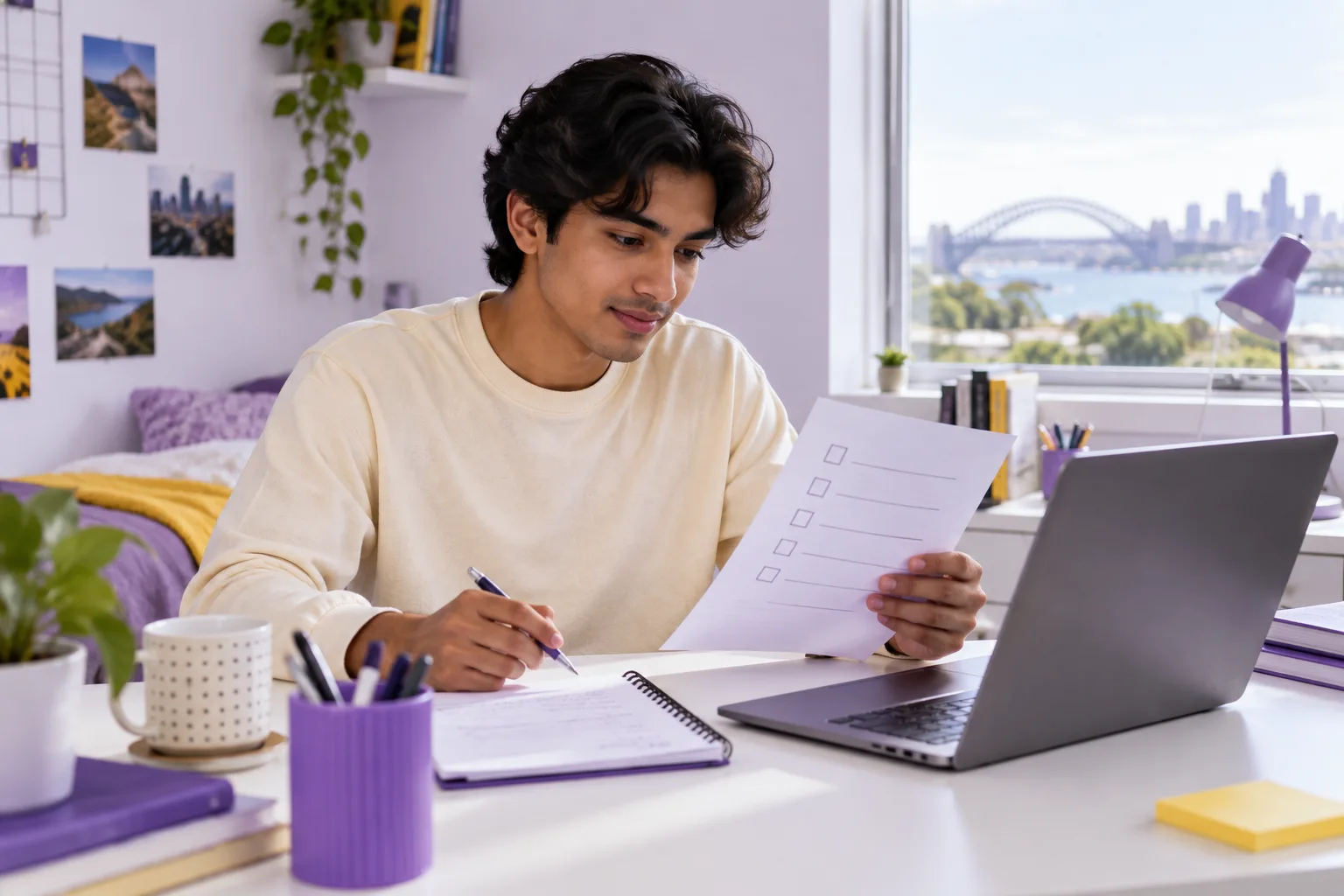 Nepali student reviewing an unbranded study application document checklist with a laptop