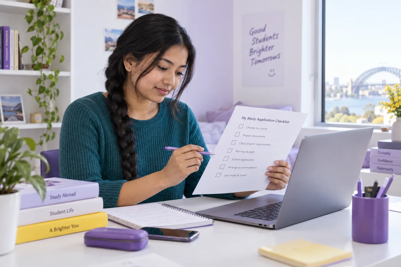 Nepali student reviewing an unbranded study application document checklist with a laptop