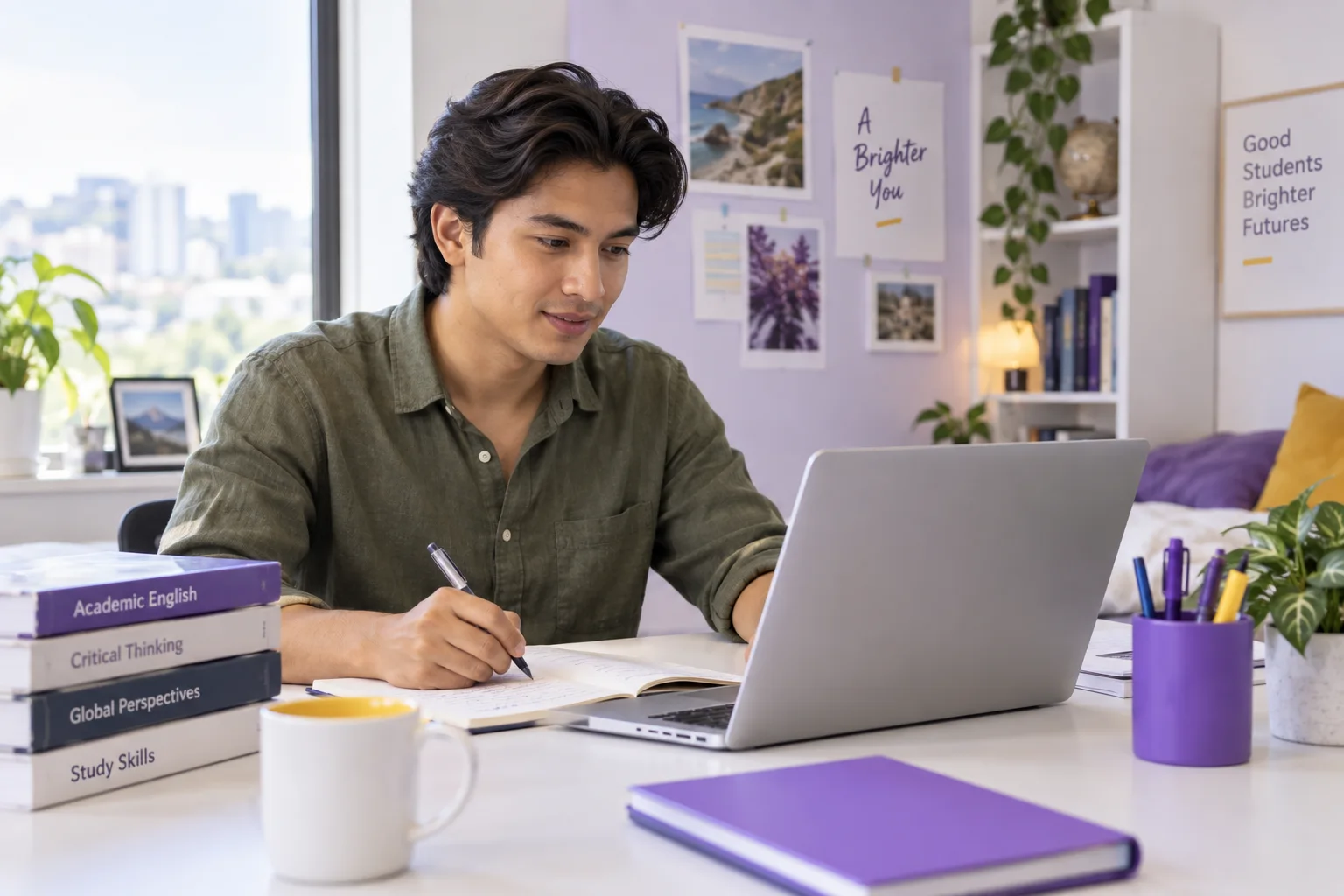 Nepali student practising English writing or reading on a laptop beside study books, as preparation for Australian university study