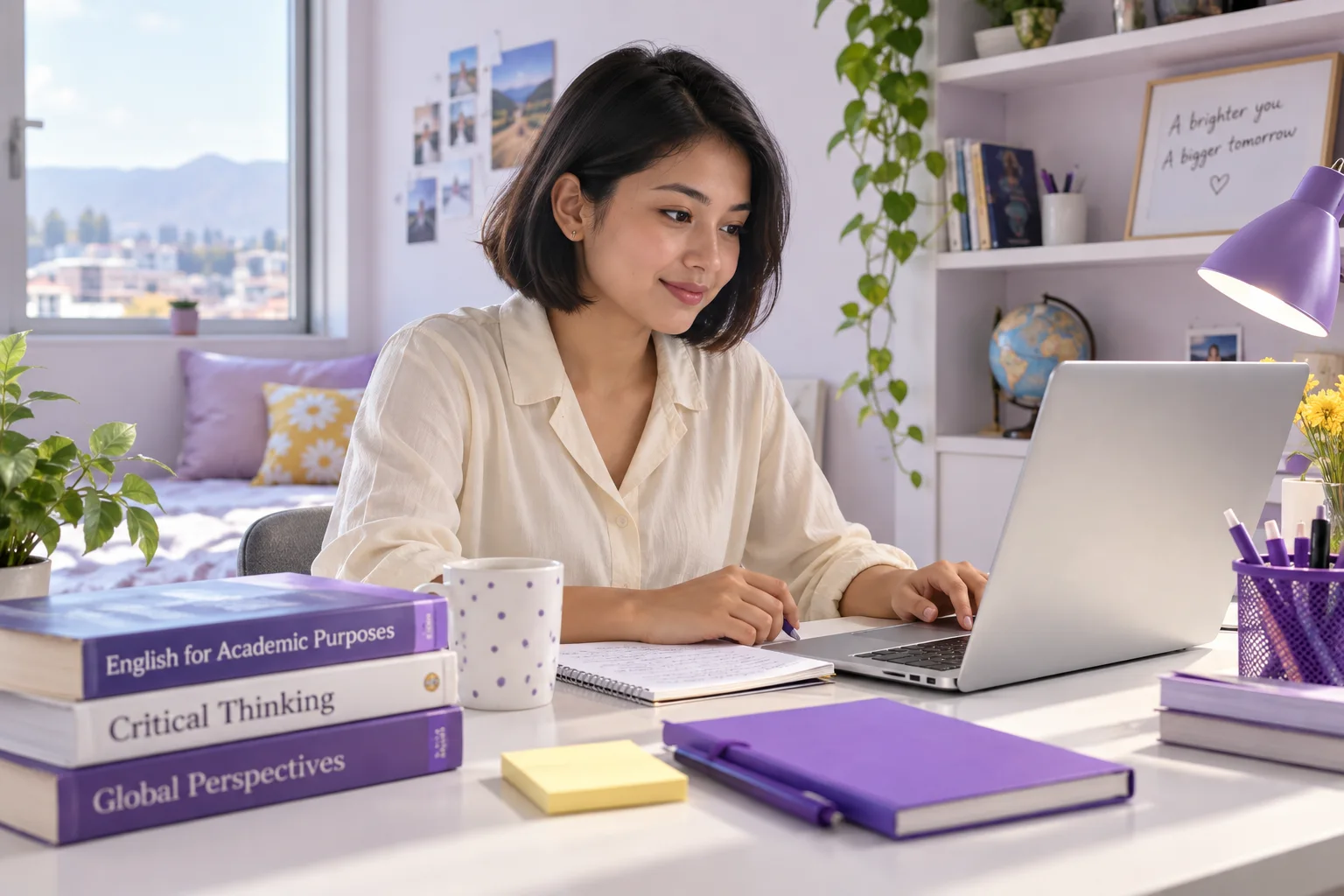 Nepali student practising English writing or reading on a laptop beside study books, as preparation for Australian university study