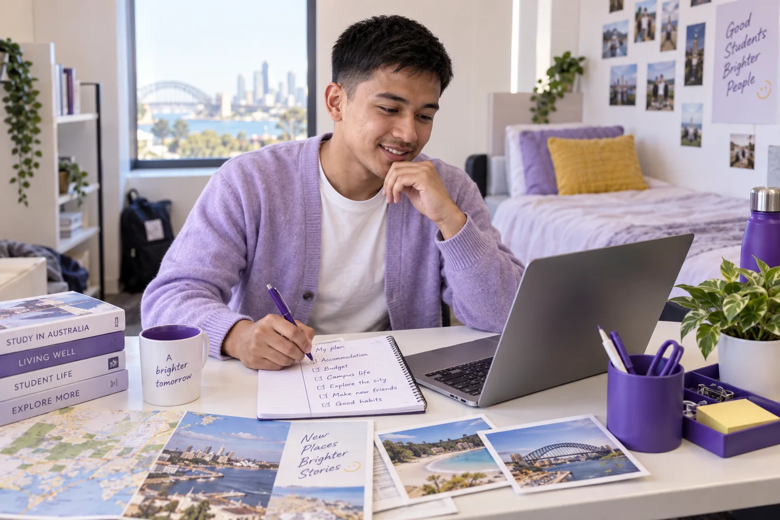 Nepali student planning student accommodation and everyday campus life with a notebook and laptop in a welcoming Australian study setting