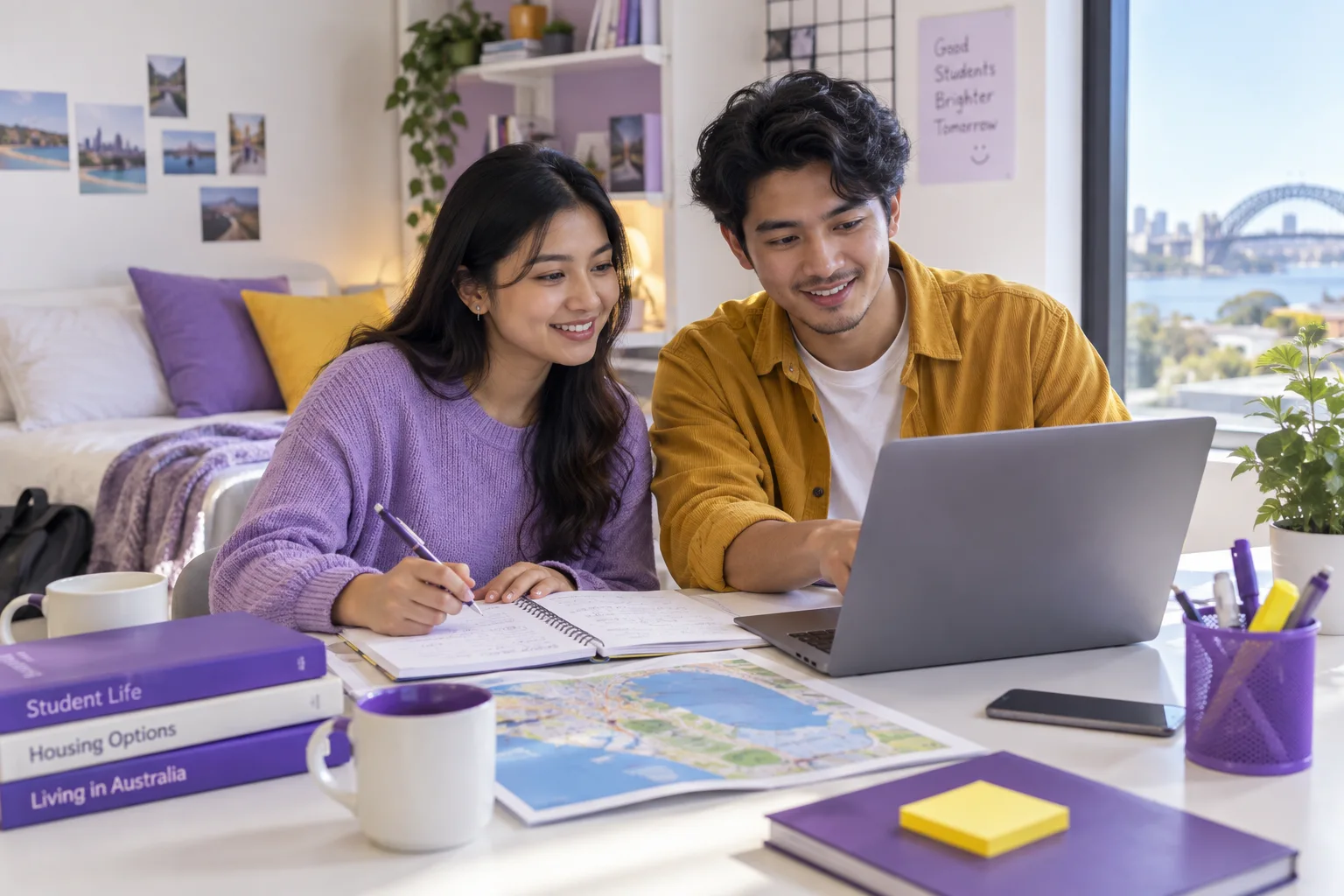Nepali student planning student accommodation and everyday campus life with a notebook and laptop in a welcoming Australian study setting