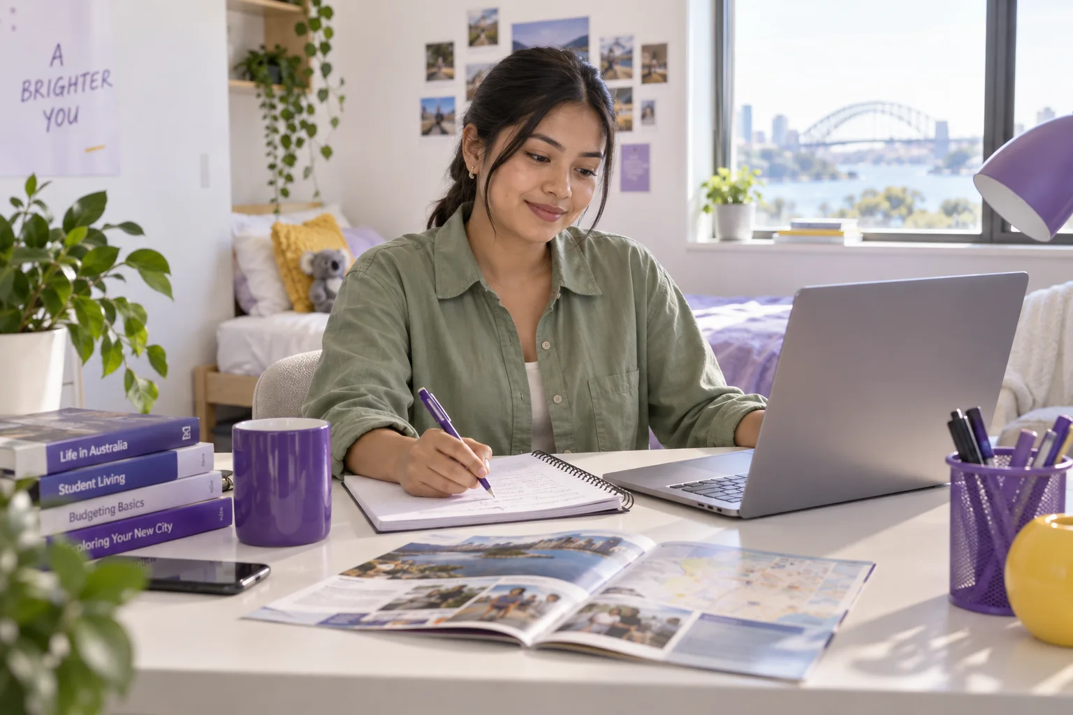 Nepali student planning student accommodation and everyday campus life with a notebook and laptop in a welcoming Australian study setting