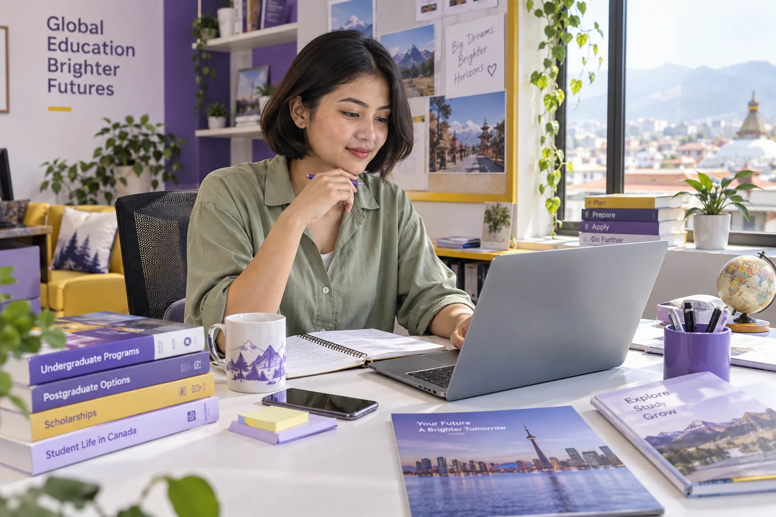 Young Nepali woman with a short bob comparing Canadian university courses and intake options using a laptop and notebook for Canada study planning