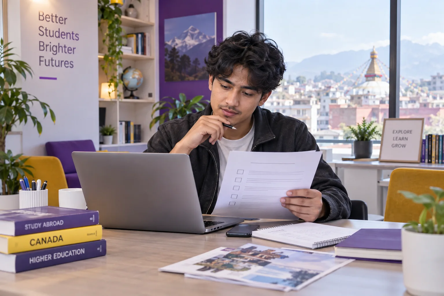 Young Nepali man with wavy hair reviewing an unbranded study application document checklist with a laptop for Canada study planning
