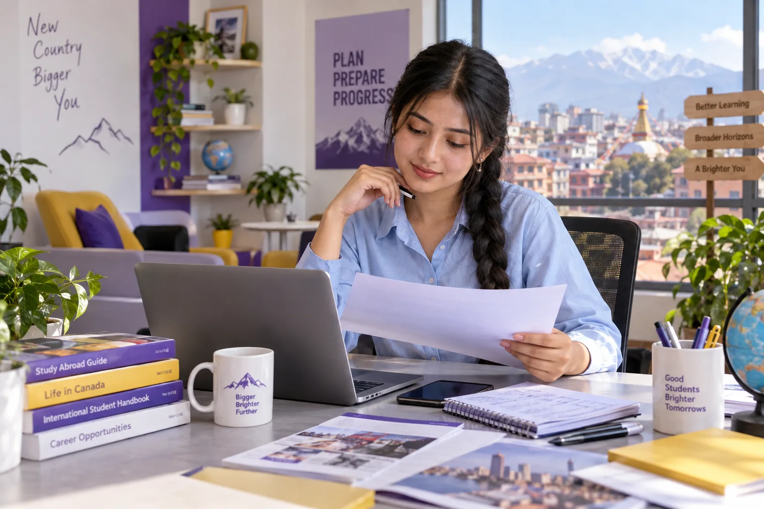 Young Nepali woman with a long braid reviewing an unbranded study application document checklist with a laptop for Canada study planning