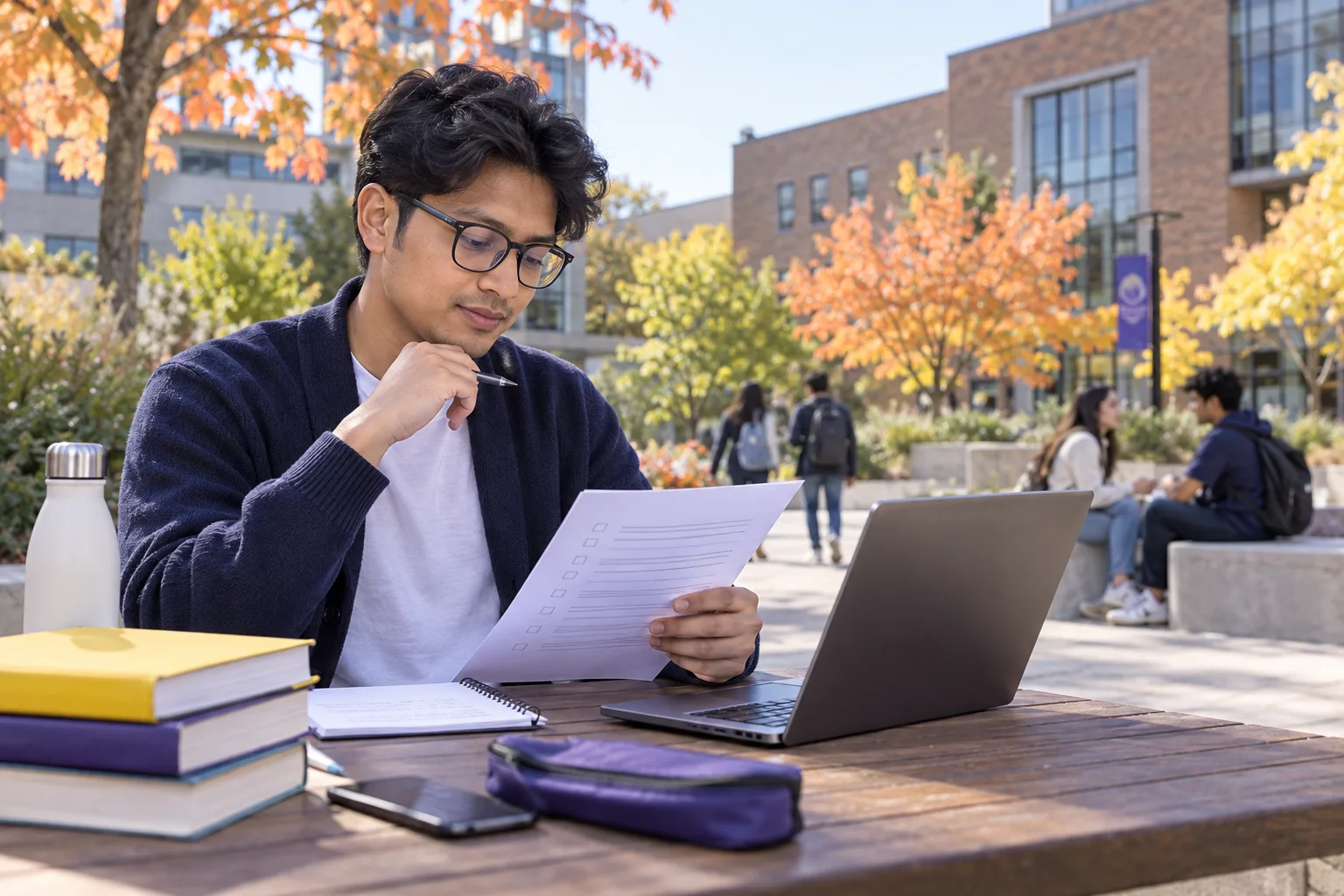 Young Nepali man with glasses reviewing an unbranded study application document checklist with a laptop for Canada study planning