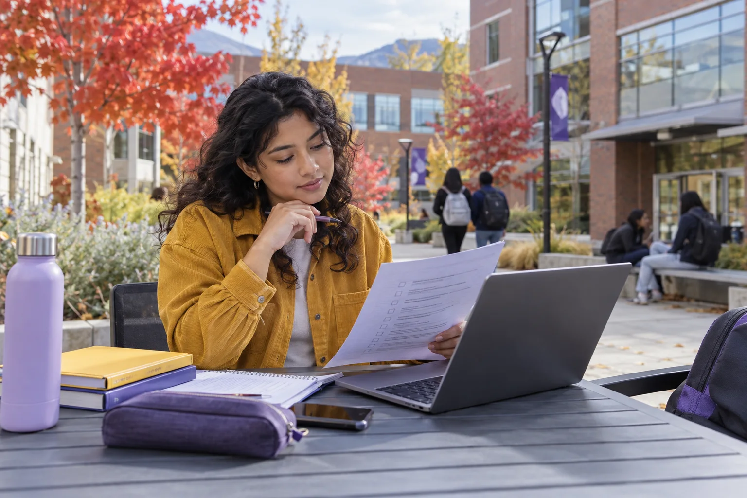 Young Nepali woman with curly hair reviewing an unbranded study application document checklist with a laptop for Canada study planning