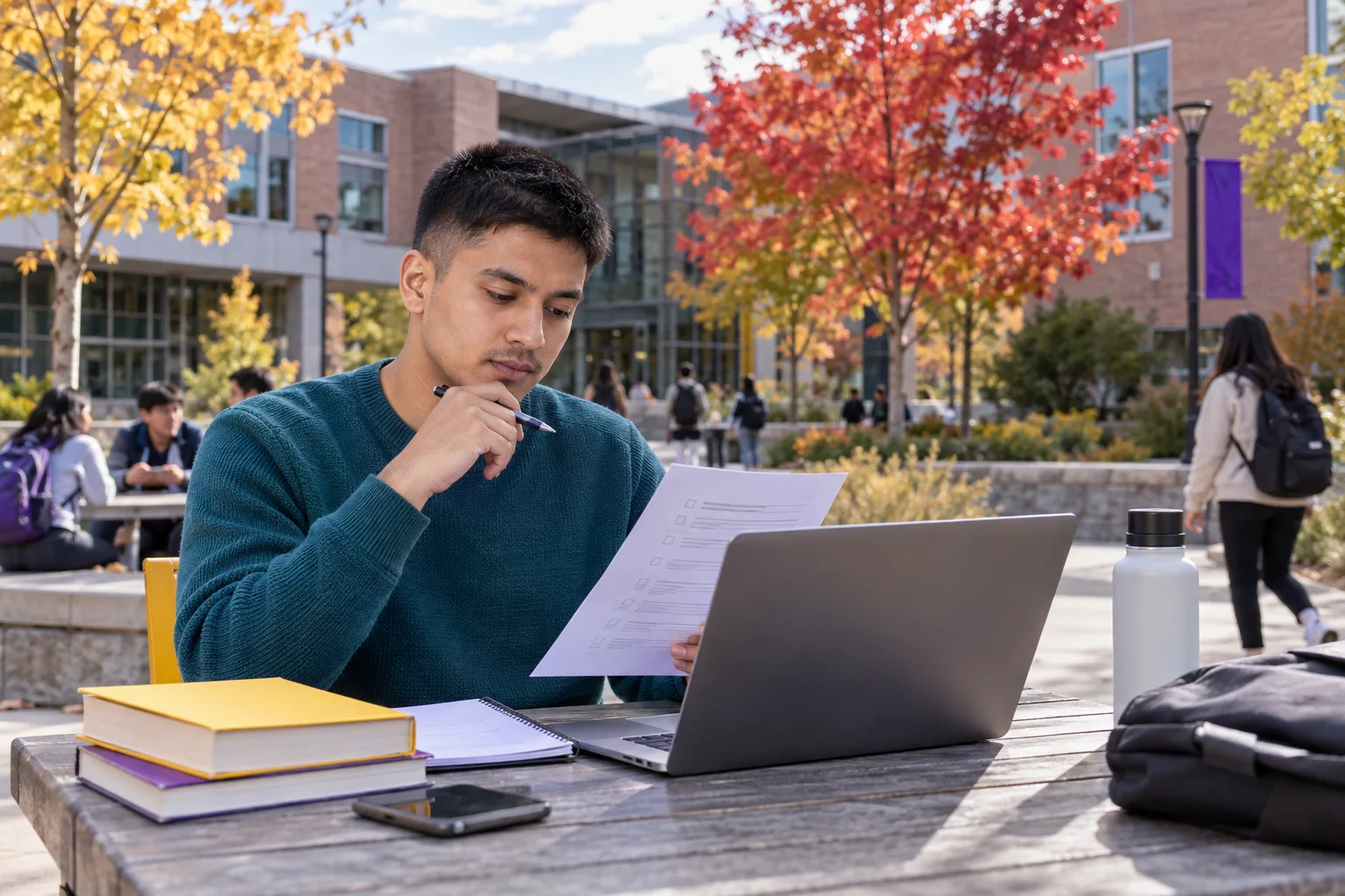 Young Nepali man with cropped hair reviewing an unbranded study application document checklist with a laptop for Canada study planning