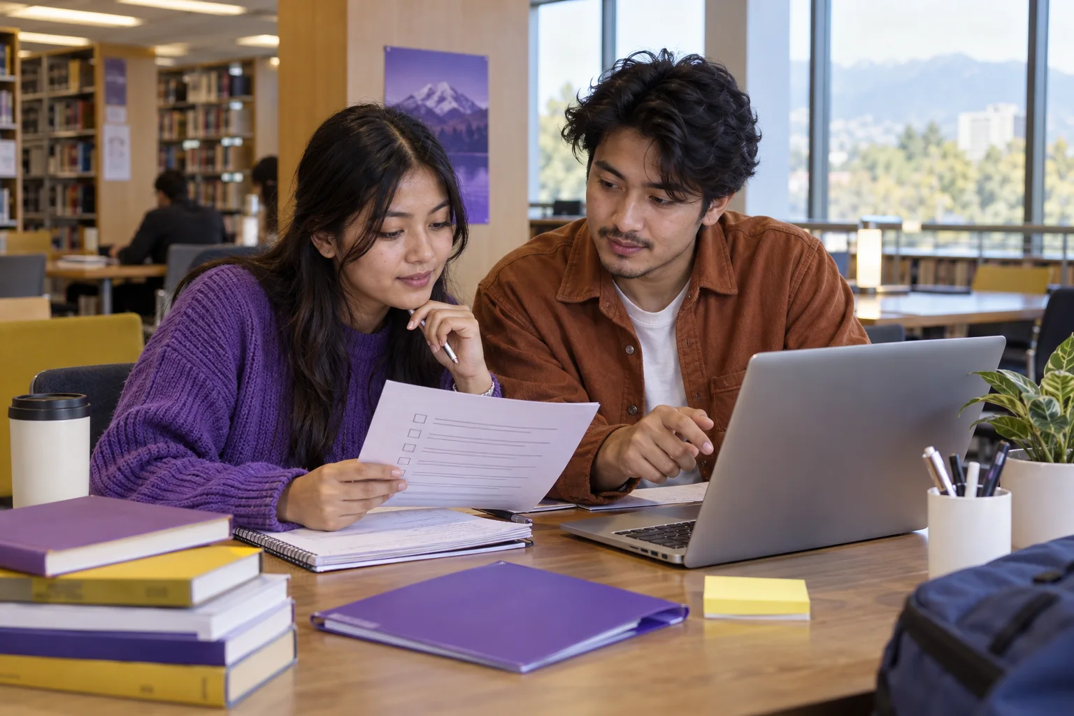 Two Nepali students, one woman and one man reviewing an unbranded study application document checklist with a laptop for Canada study planning