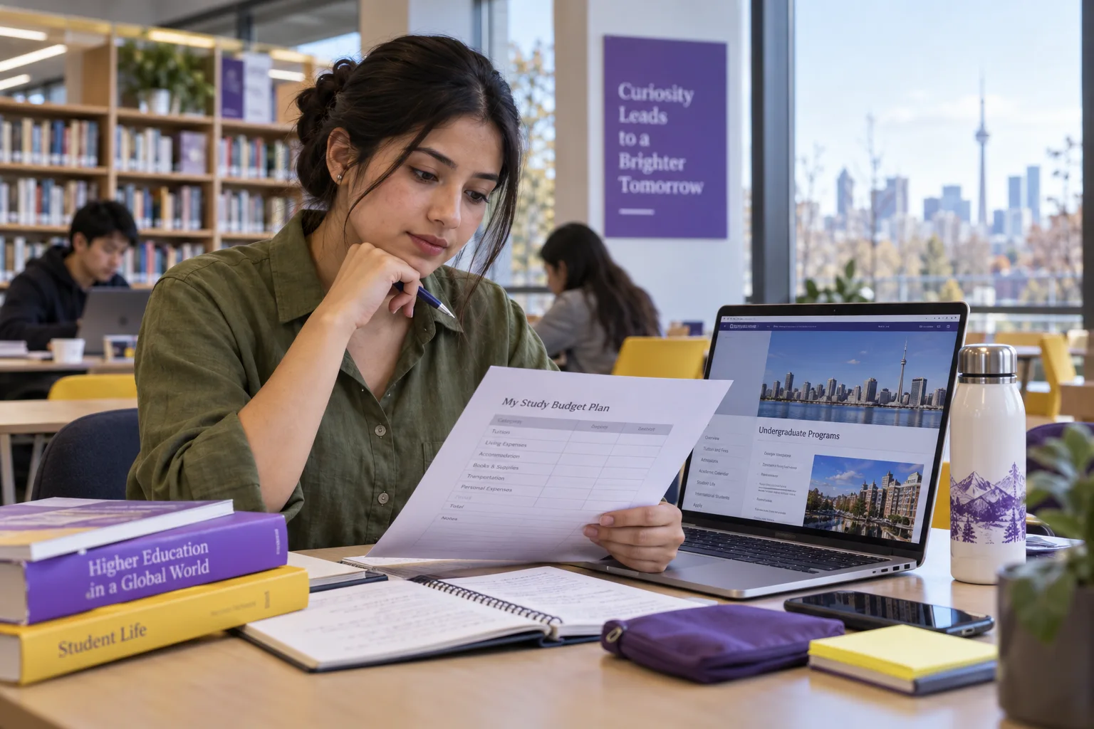 Young Nepali woman with tied-back hair comparing a personal study budget worksheet and university tuition information on a laptop for Canada study planning