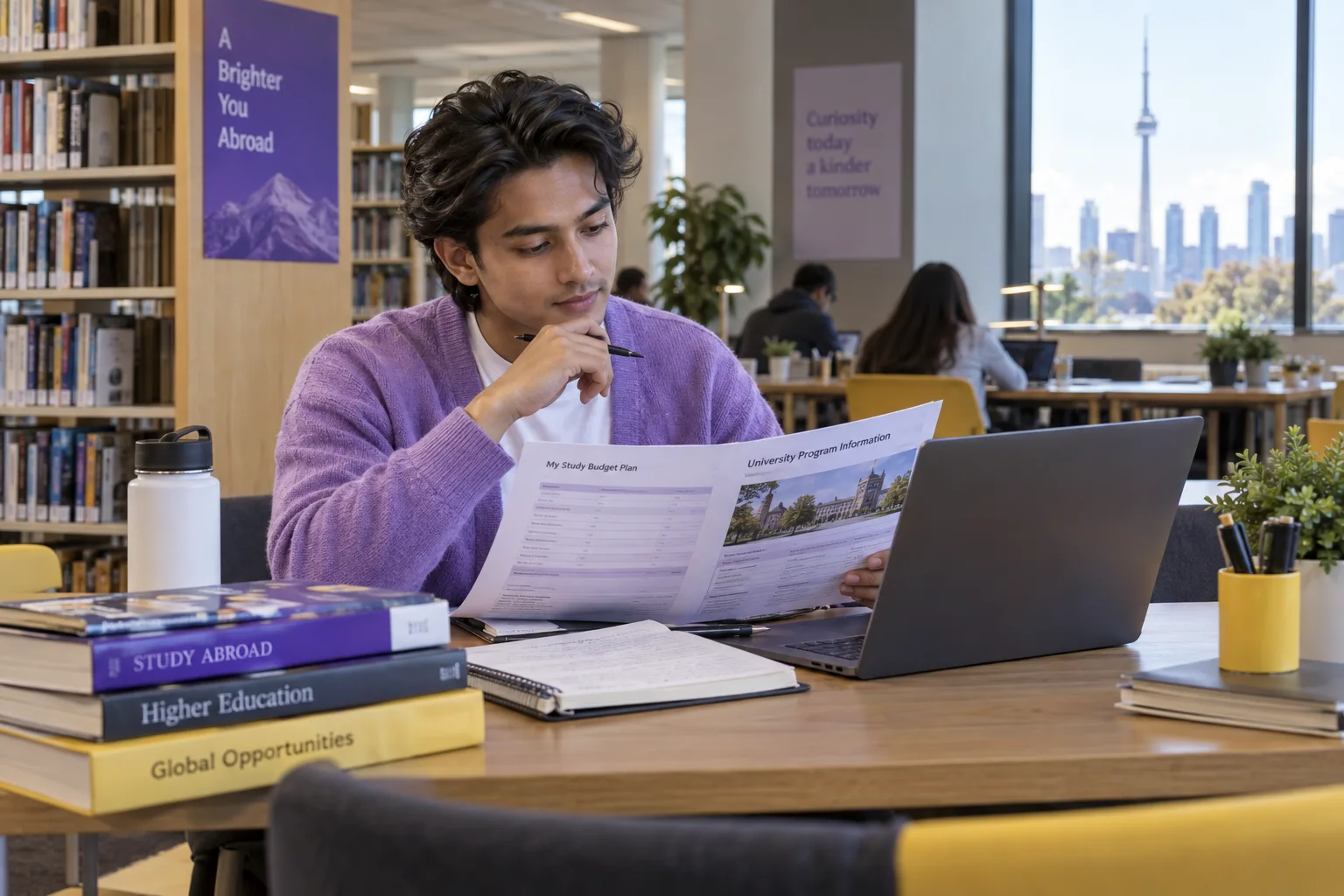 Young Nepali man with swept-back hair comparing a personal study budget worksheet and university tuition information on a laptop for Canada study planning