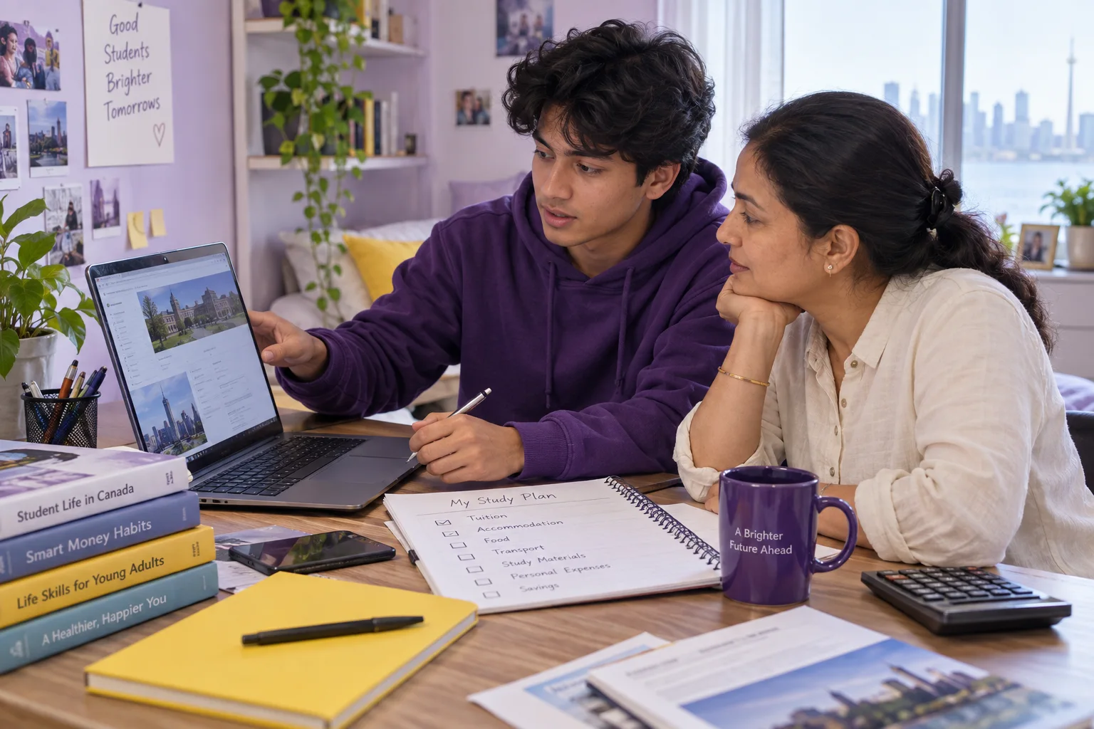 Nepali student discussing plans with a parent comparing a personal study budget worksheet and university tuition information on a laptop for Canada study planning