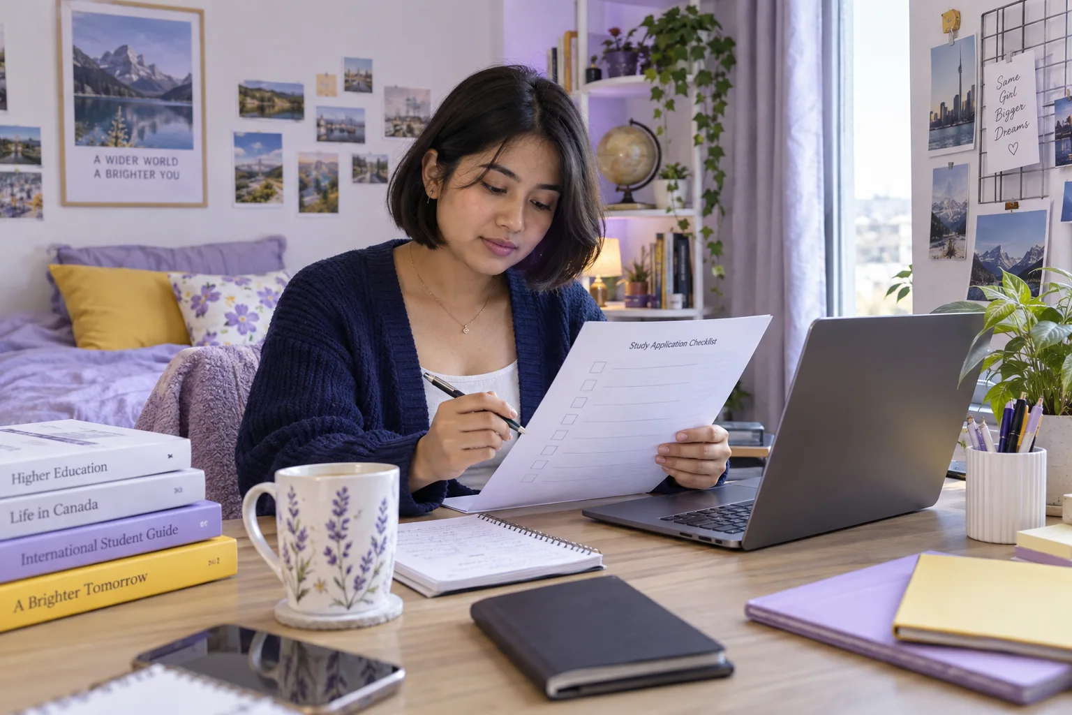 Young Nepali woman with a short bob reviewing an unbranded study application document checklist with a laptop for Canada study planning