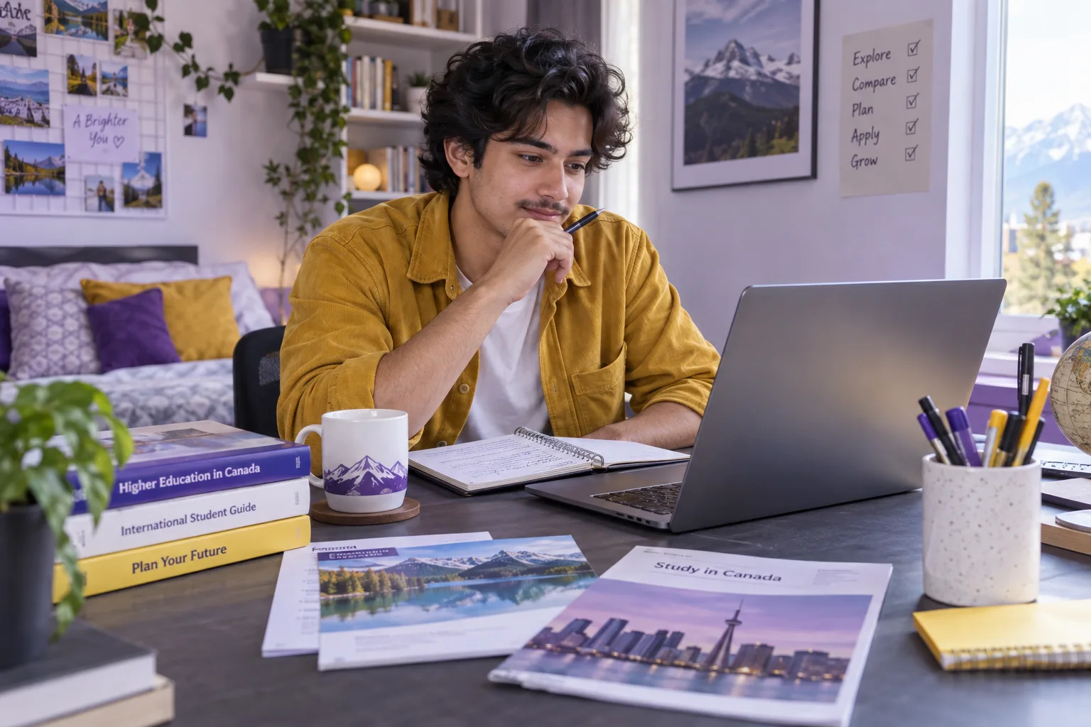 Young Nepali man with wavy hair comparing Canadian university courses and intake options using a laptop and notebook for Canada study planning