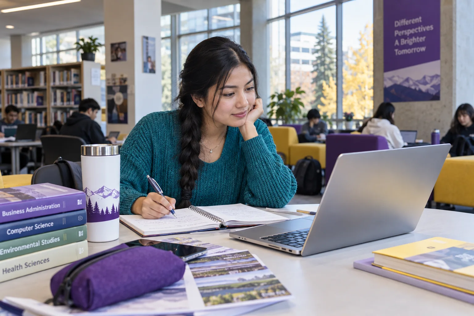Young Nepali woman with a long braid comparing Canadian university courses and intake options using a laptop and notebook for Canada study planning