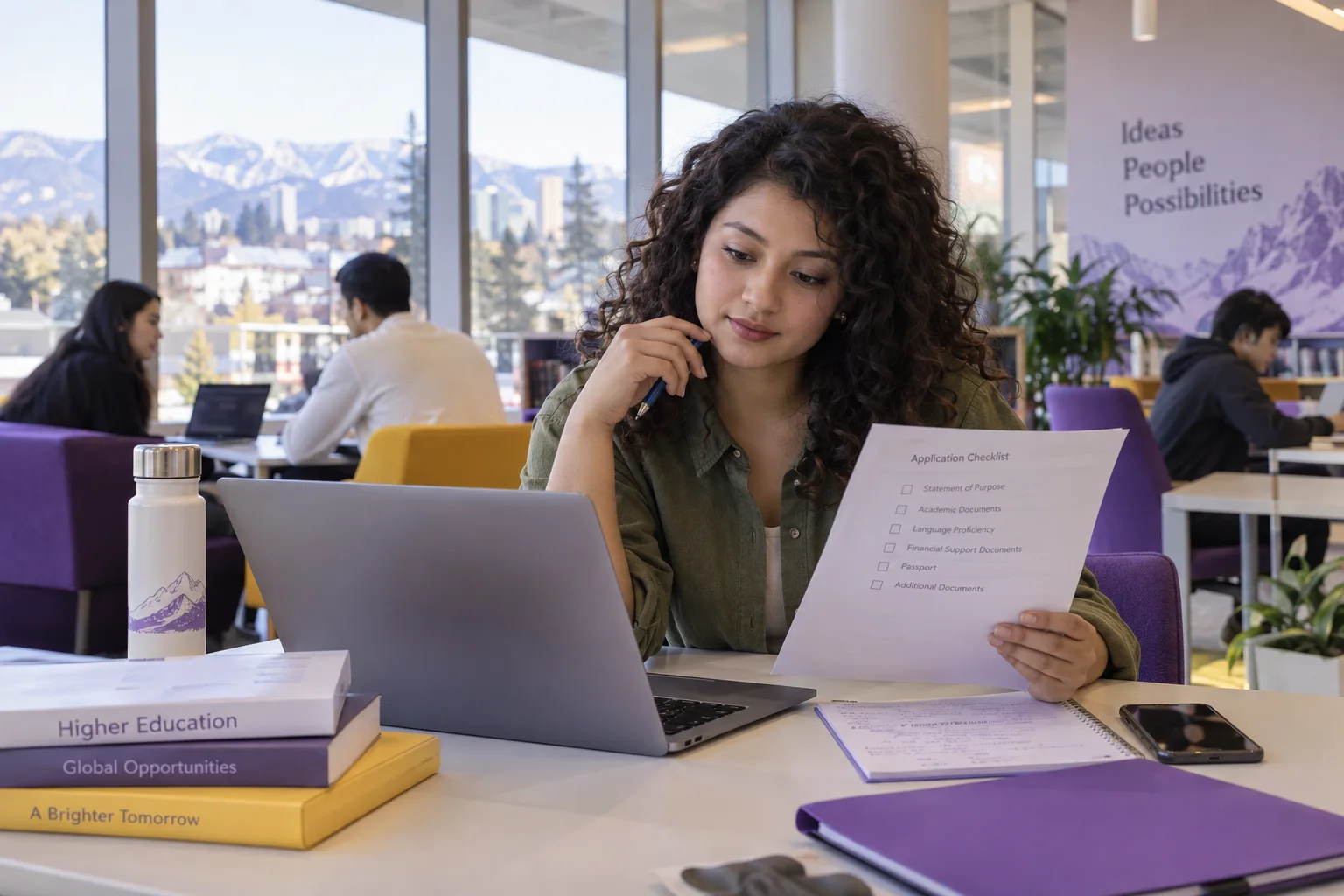 Young Nepali woman with curly hair reviewing an unbranded study application document checklist with a laptop for Canada study planning