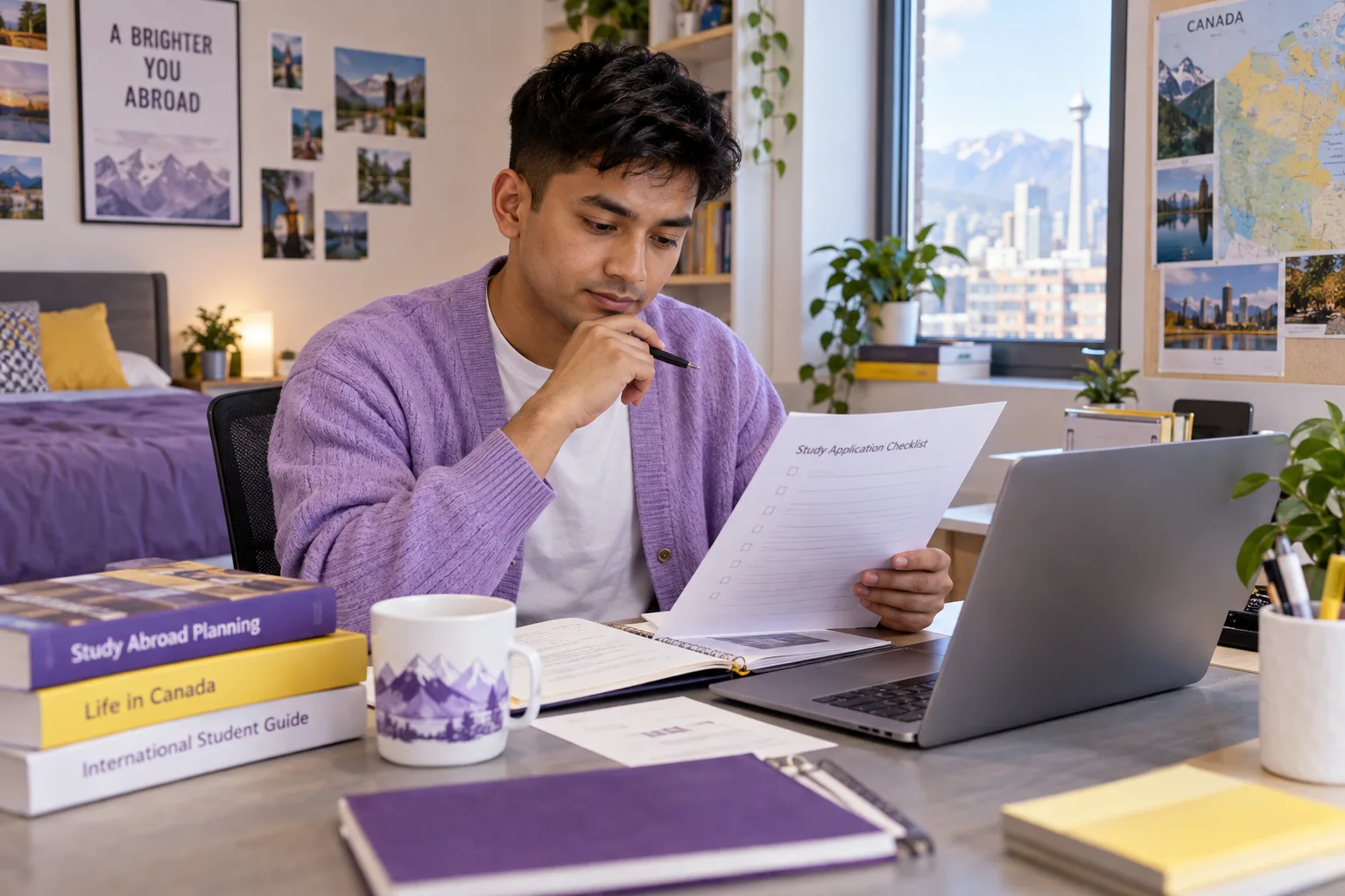 Young Nepali man with cropped hair reviewing an unbranded study application document checklist with a laptop for Canada study planning