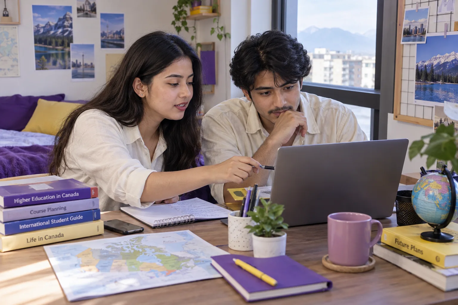 Two Nepali students, one woman and one man comparing Canadian university courses and intake options using a laptop and notebook for Canada study planning