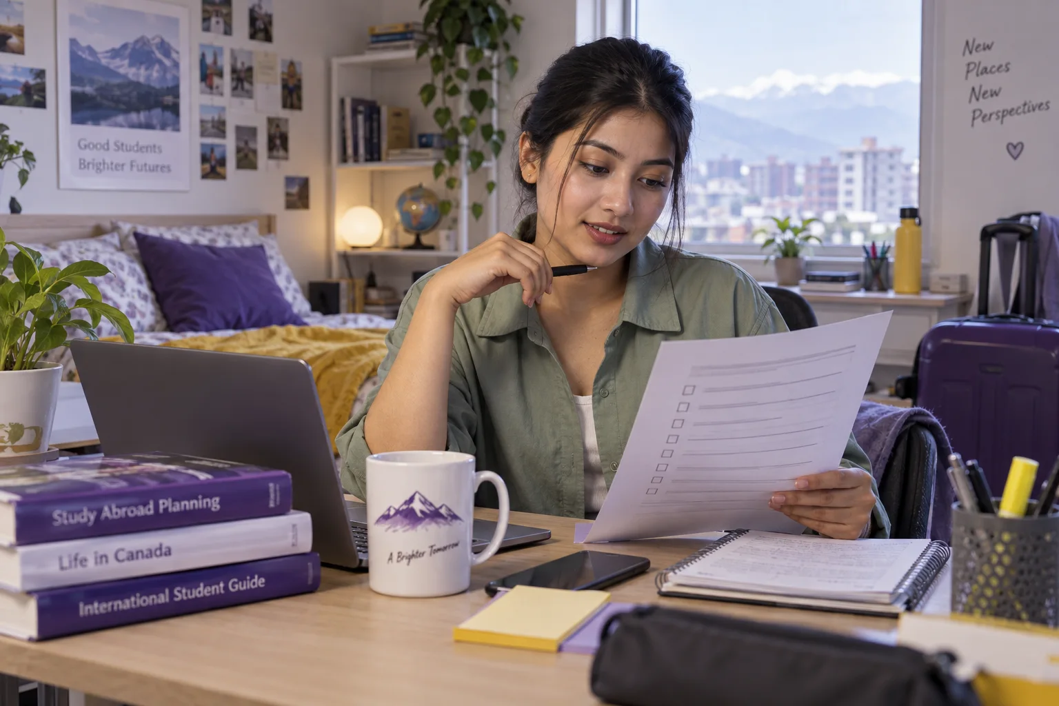 Young Nepali woman with tied-back hair reviewing an unbranded study application document checklist with a laptop for Canada study planning