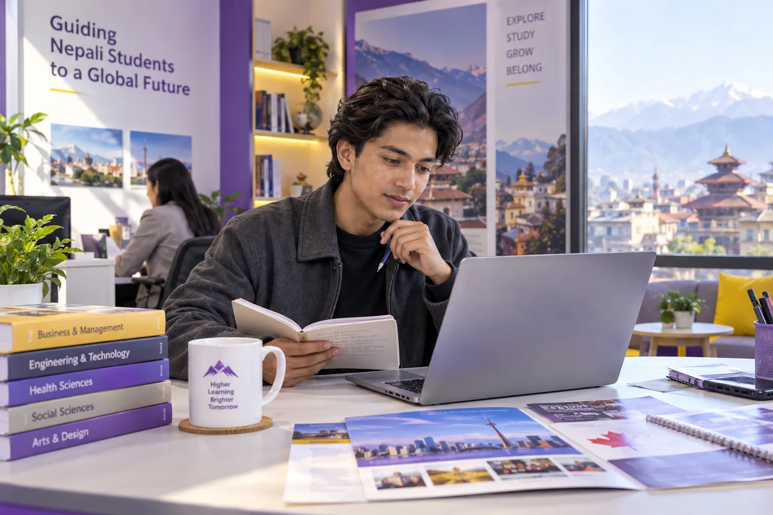Young Nepali man with swept-back hair comparing Canadian university courses and intake options using a laptop and notebook for Canada study planning
